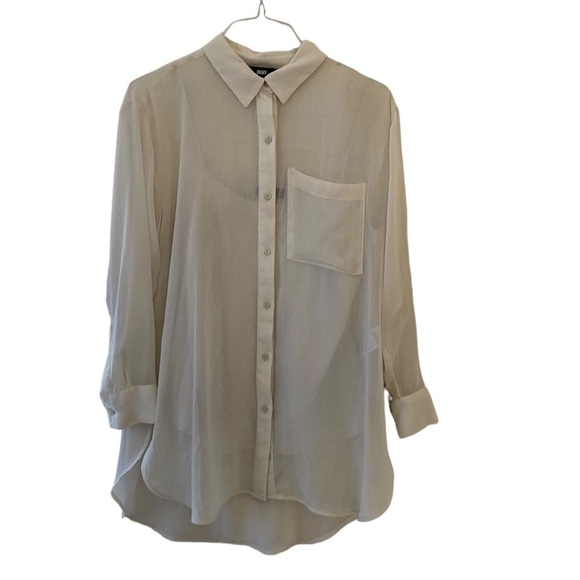 DKNY Women's Button-Down Sheer Staple Sportswear T Green Polyester Sz S w/lining - Picture 1 of 11
